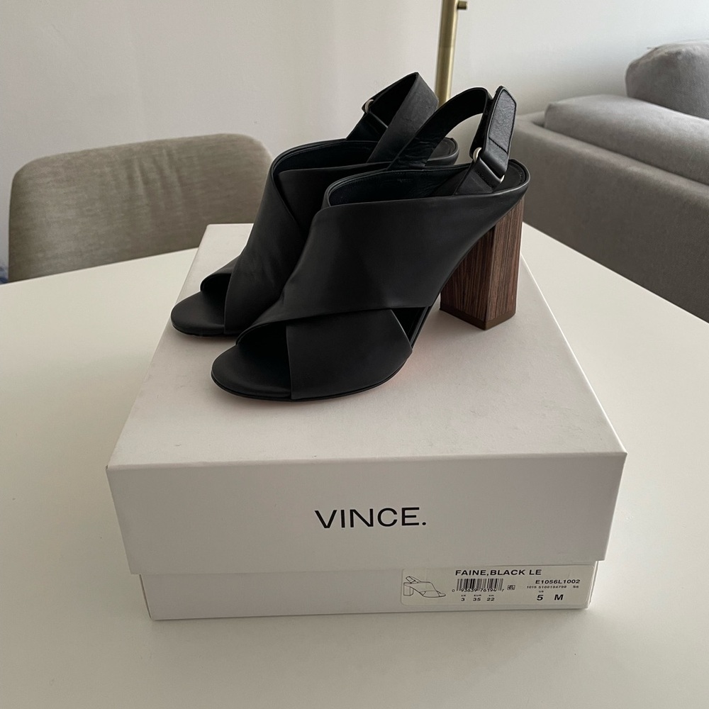 Vince Black Leather Open Toe Block Heel Sandals Size 5